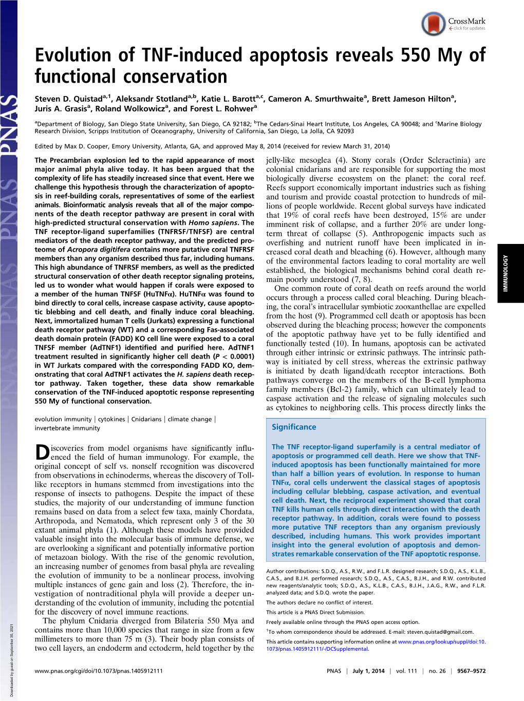 Evolution of TNF-Induced Apoptosis Reveals 550 My of Functional Conservation