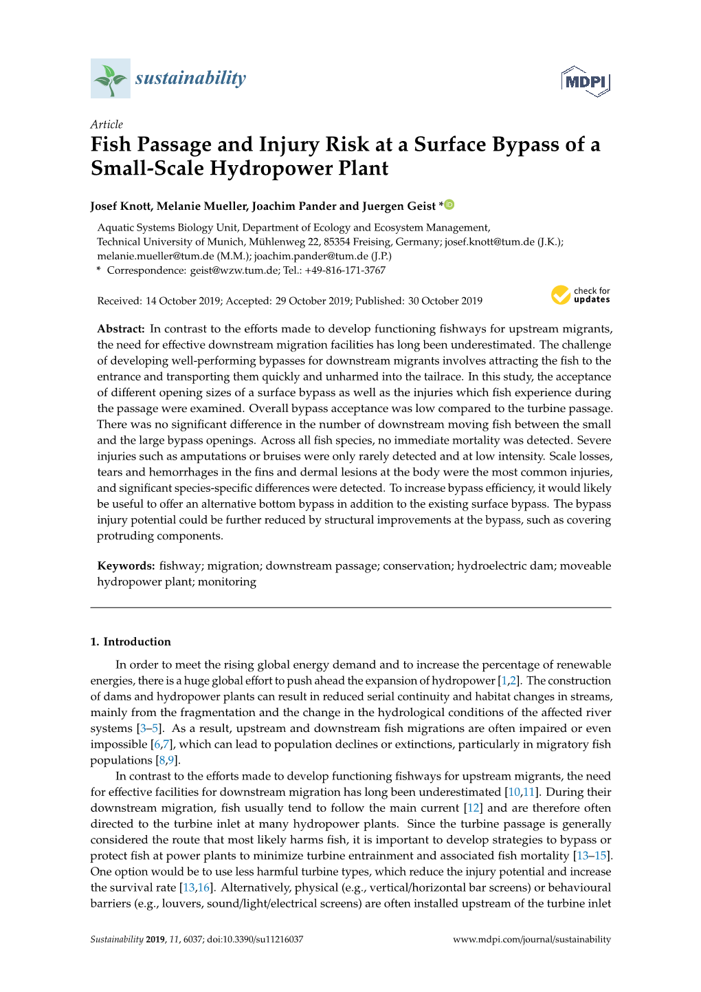 Fish Passage and Injury Risk at a Surface Bypass of a Small-Scale Hydropower Plant