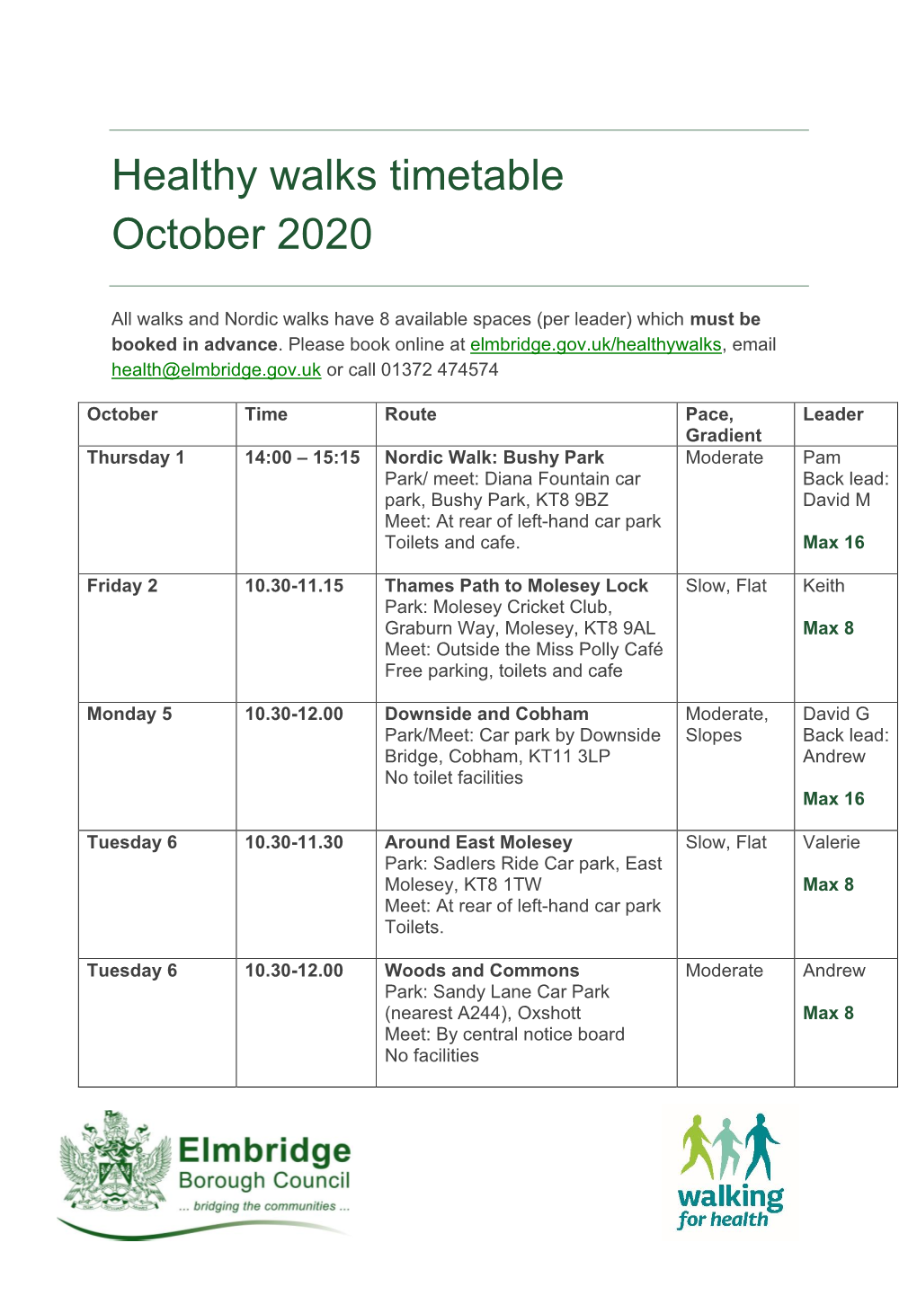 Healthy Walks Timetable October 2020