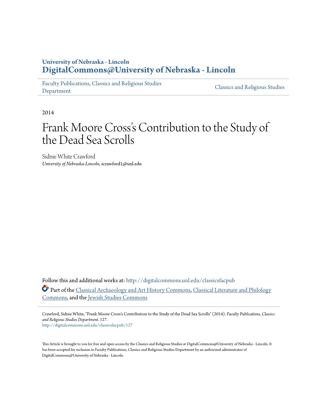 Frank Moore Cross's Contribution to the Study of the Dead Sea Scrolls