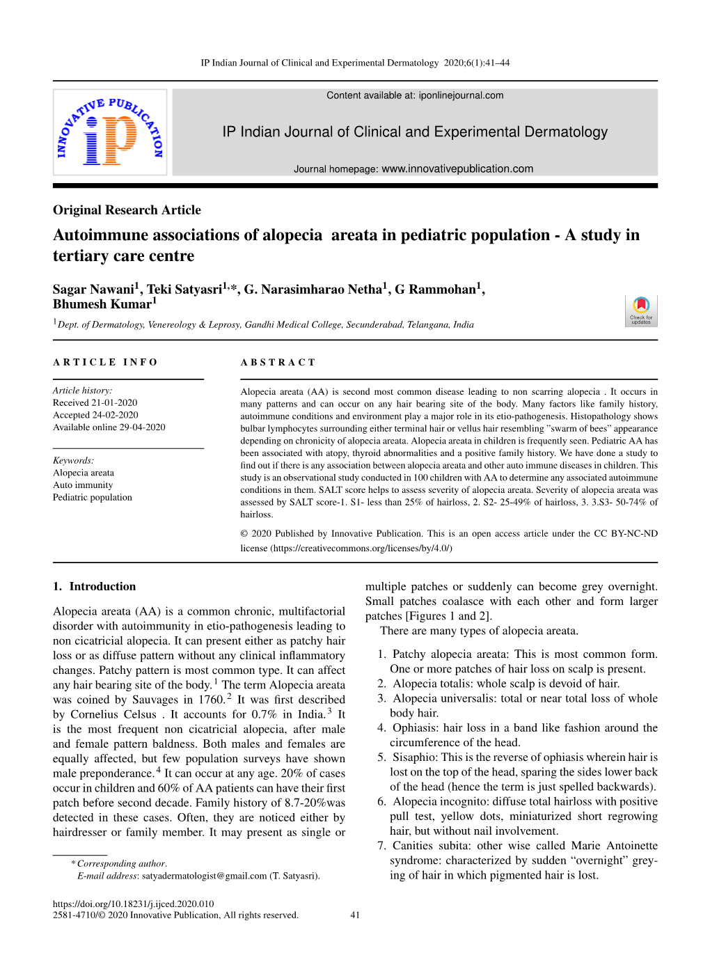 Autoimmune Associations of Alopecia Areata in Pediatric Population - a Study in Tertiary Care Centre