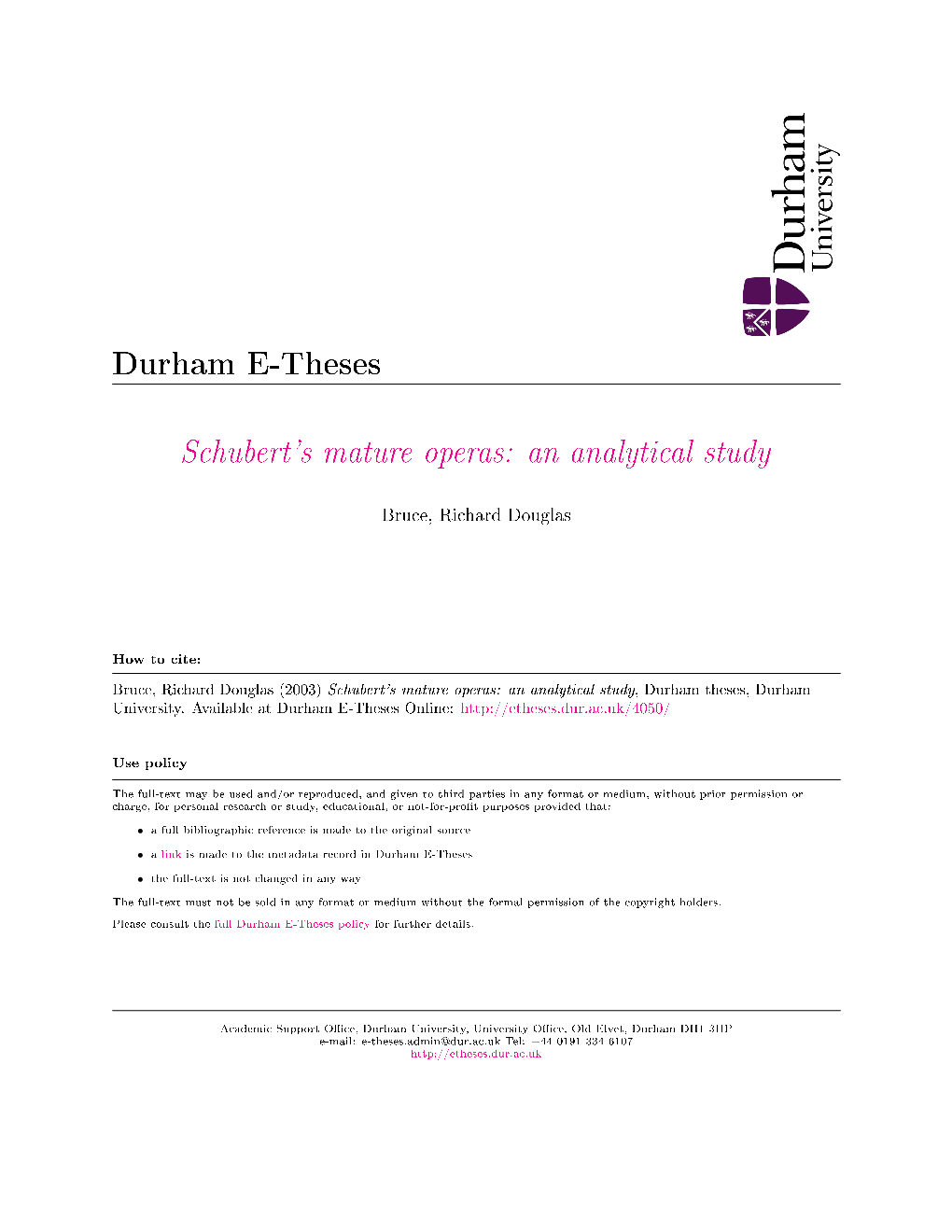 Schubert's Mature Operas: an Analytical Study