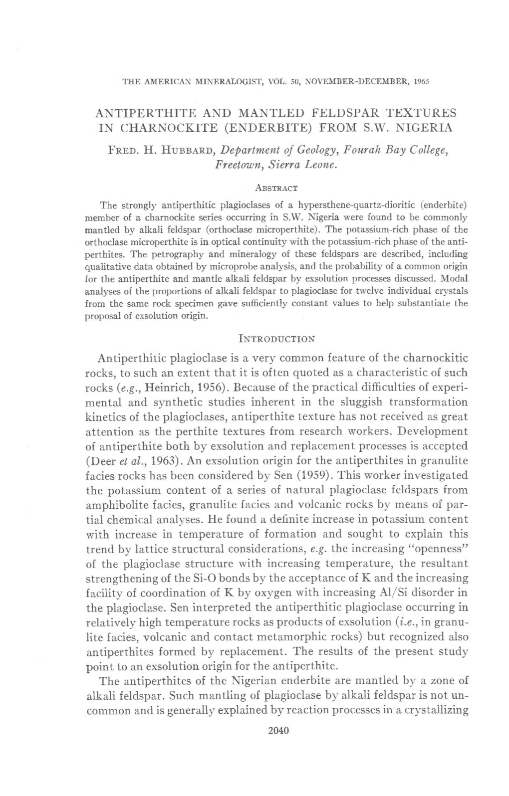 ANTIPERTHITE and MANTLED FELDSPAR TEXTURES in CHARNOCKITE (ENDERBITE) from S.W. NIGERIA Fnnp. H. Hunrenn, Departmenl of Geology