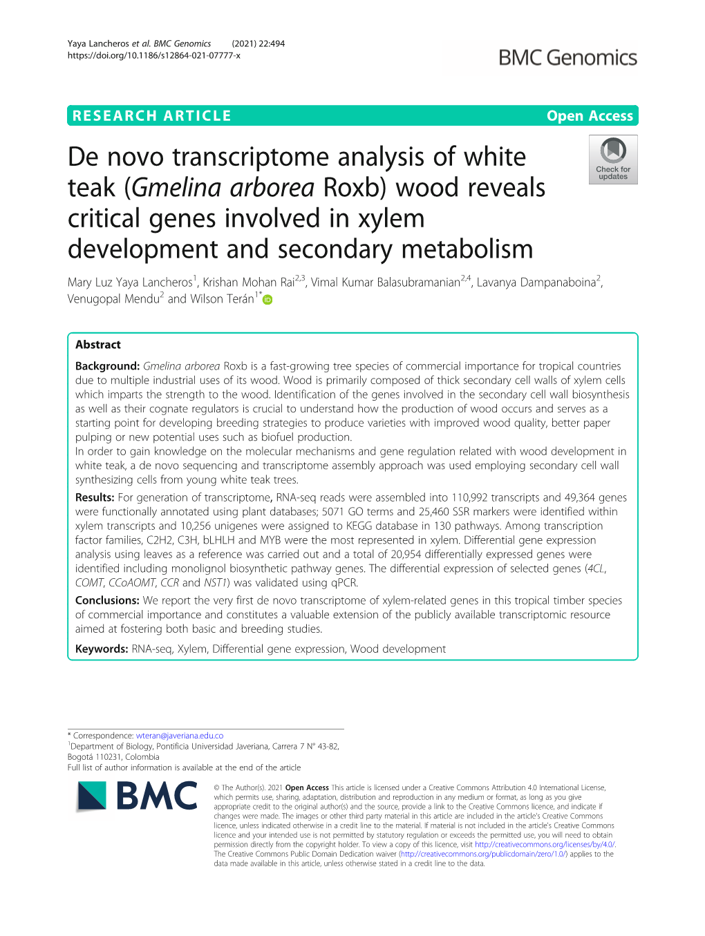 De Novo Transcriptome Analysis of White Teak (Gmelina Arborea Roxb