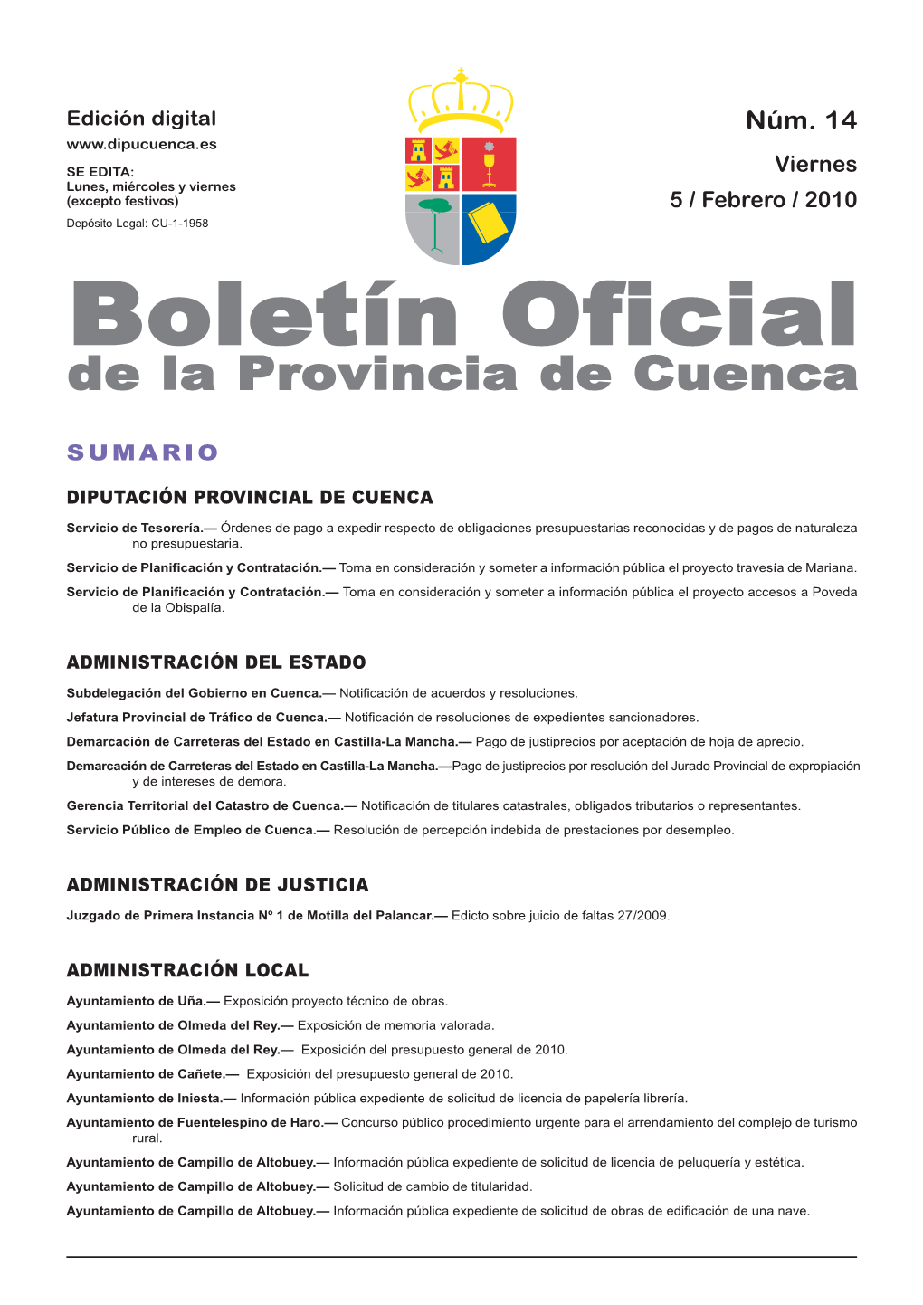 Boletín Oficial De La Provincia De Cuenca Sumario Diputación Provincial De Cuenca