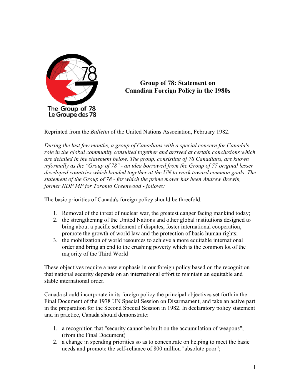 Statement on Canadian Foreign Policy in the 1980S