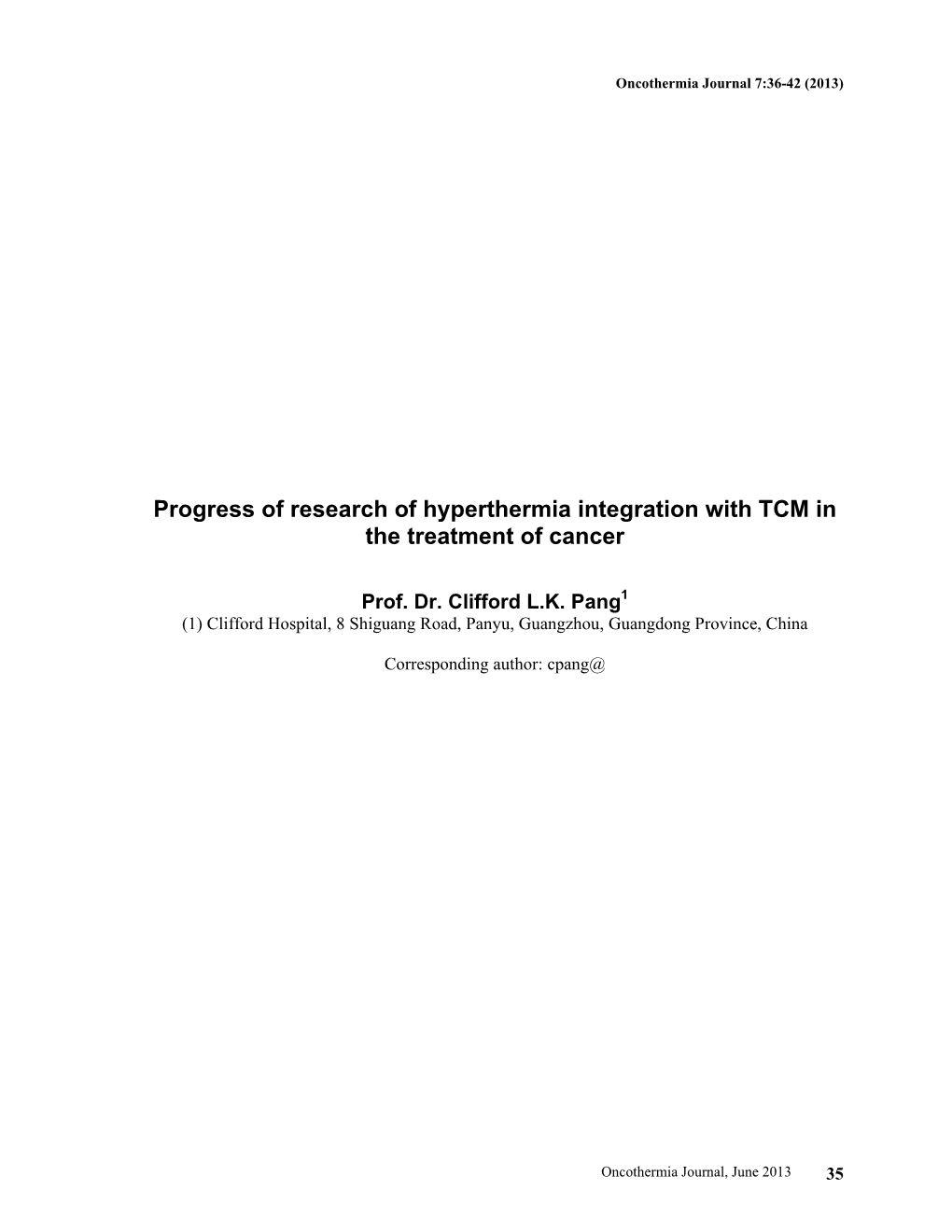 Progress of Research of Hyperthermia Integration with TCM in the Treatment of Cancer