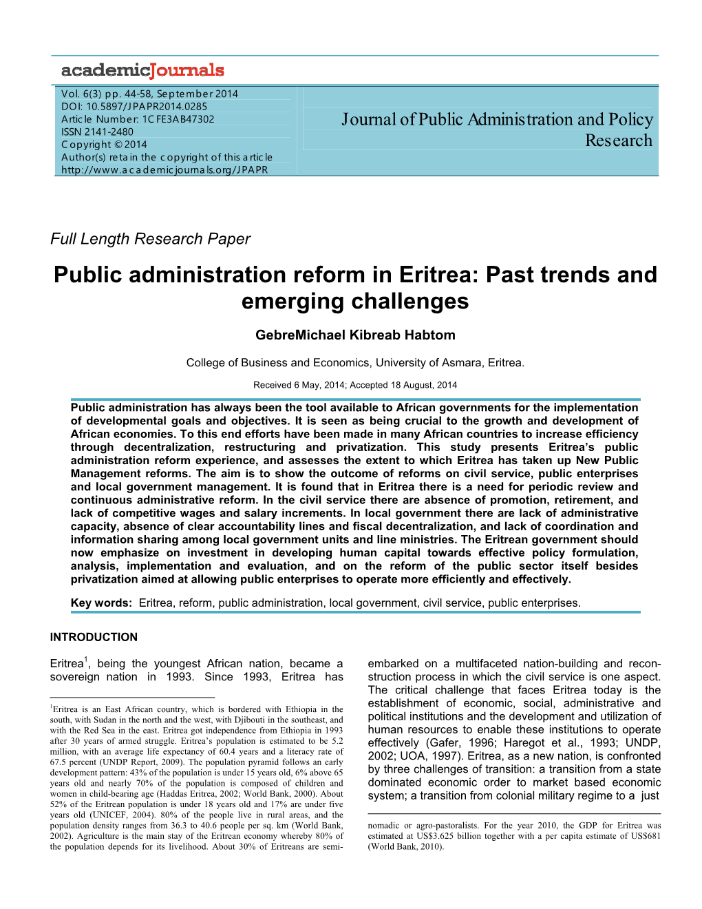 Public Administration Reform in Eritrea: Past Trends and Emerging Challenges