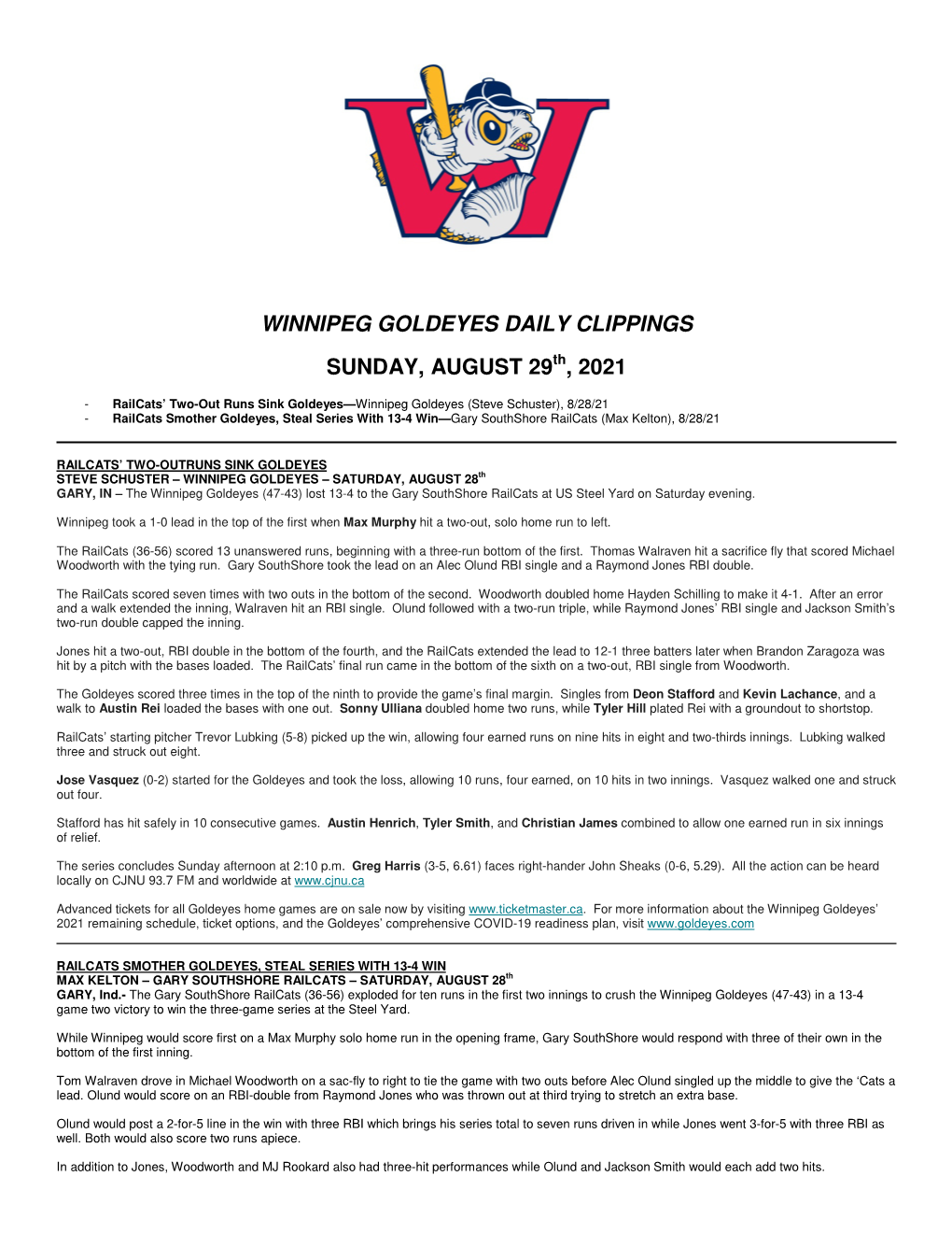 Winnipeg Goldeyes Daily Clippings Sunday, August 29