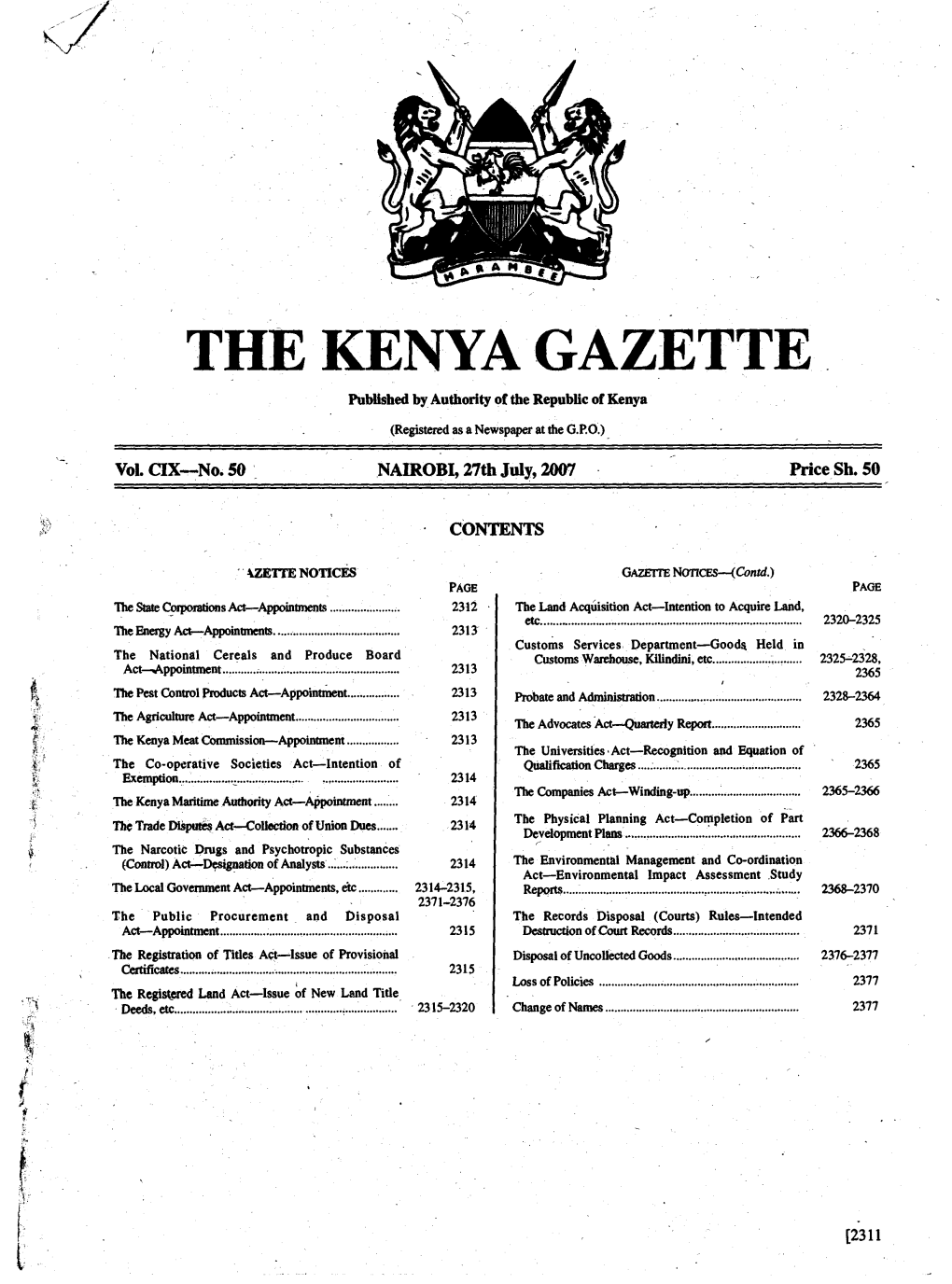 THE KENYA GAZETTE Published by Authority of the Republic of Kenya