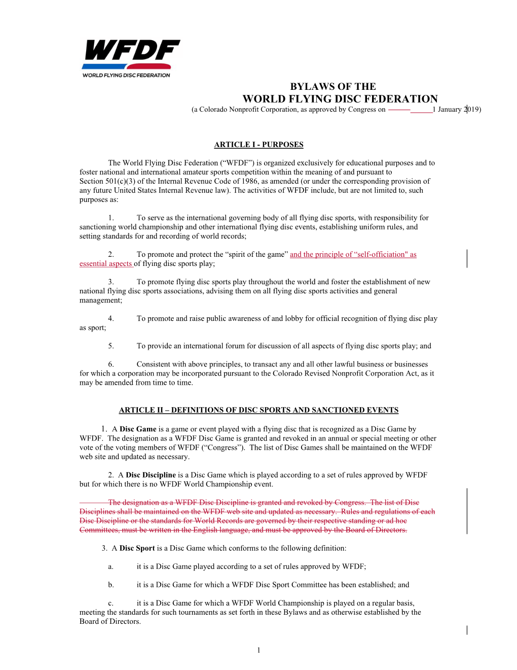 WORLD FLYING DISC FEDERATION (A Colorado Nonprofit Corporation, As Approved by Congress on 1 January 2019)