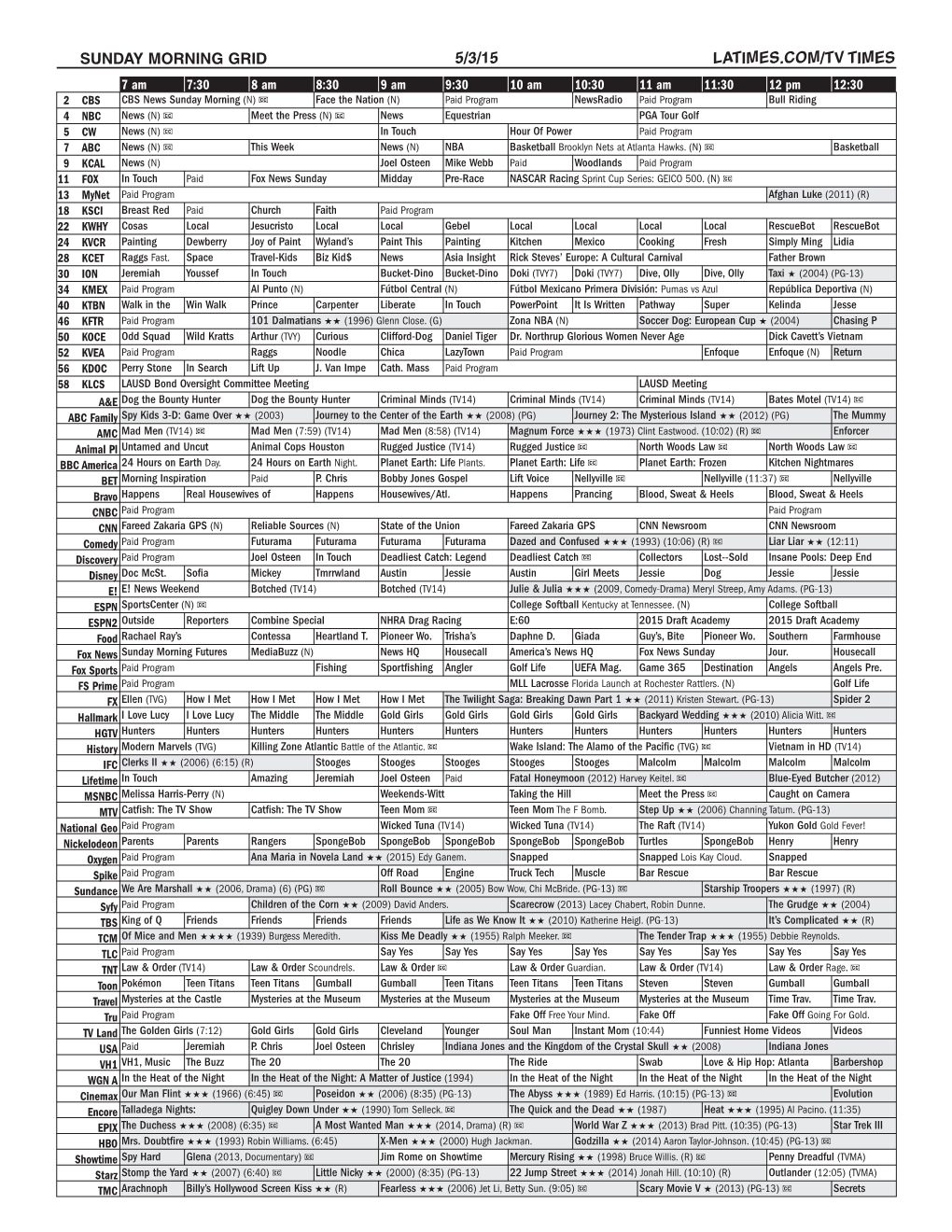 Sunday Morning Grid 5/3/15 Latimes.Com/Tv Times