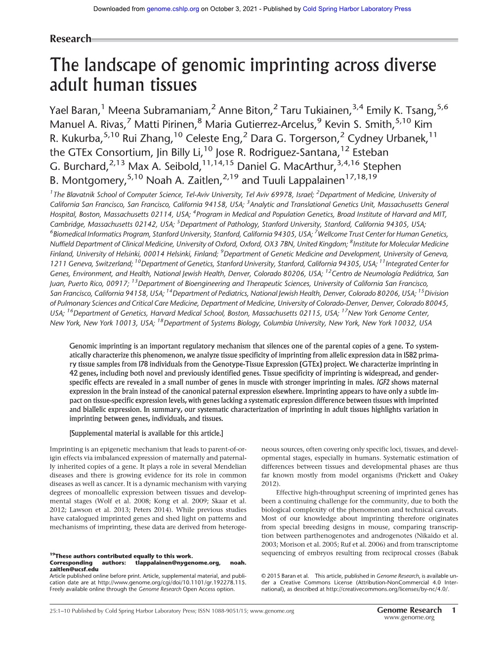 The Landscape of Genomic Imprinting Across Diverse Adult Human Tissues