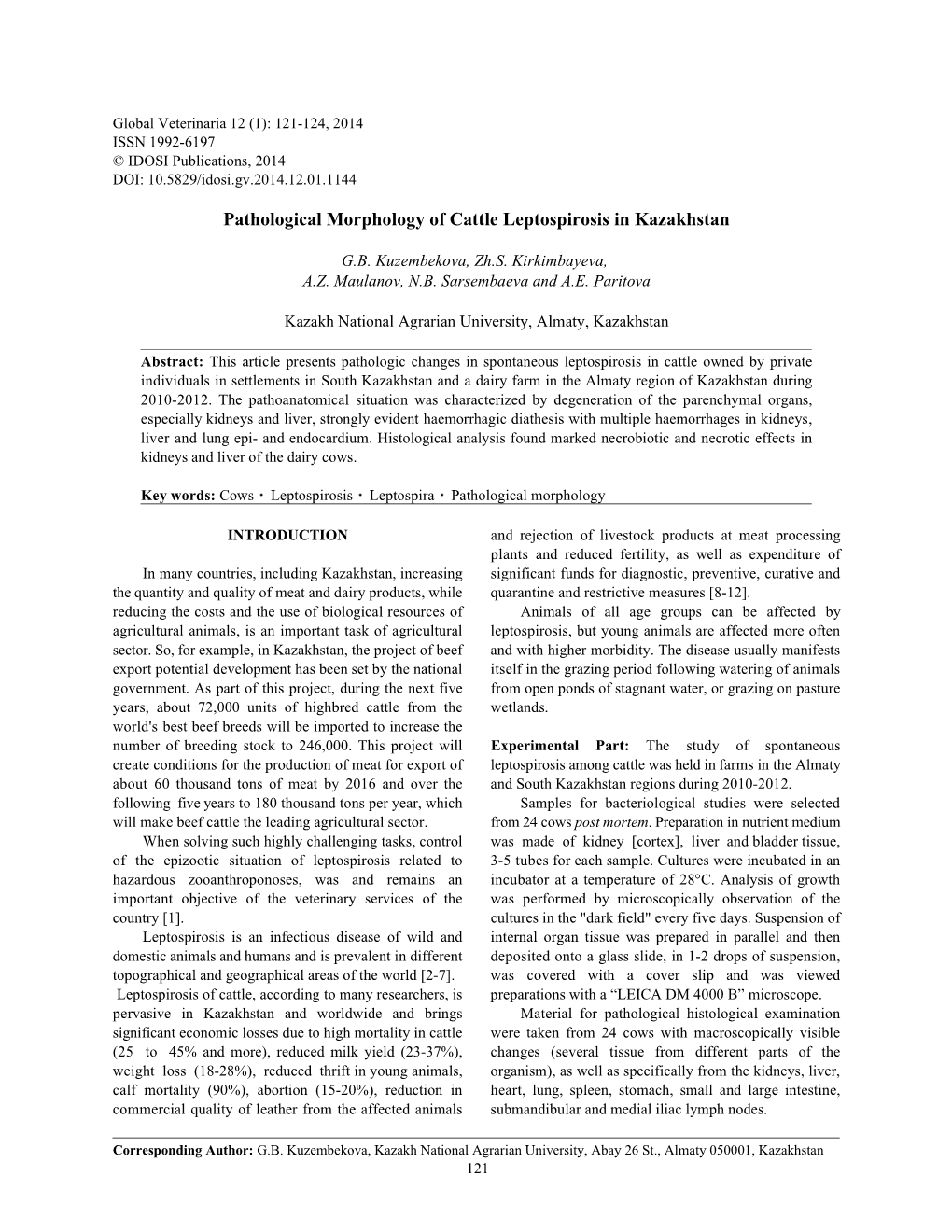 Pathological Morphology of Cattle Leptospirosis in Kazakhstan