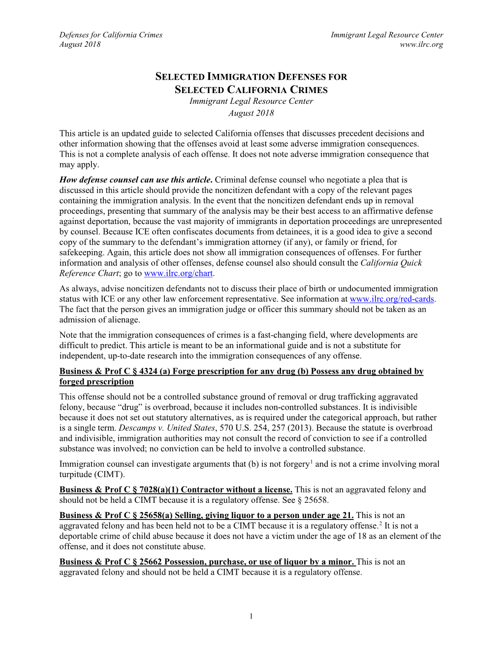 ILRC | Selected Immigration Defenses for Selected California Crimes