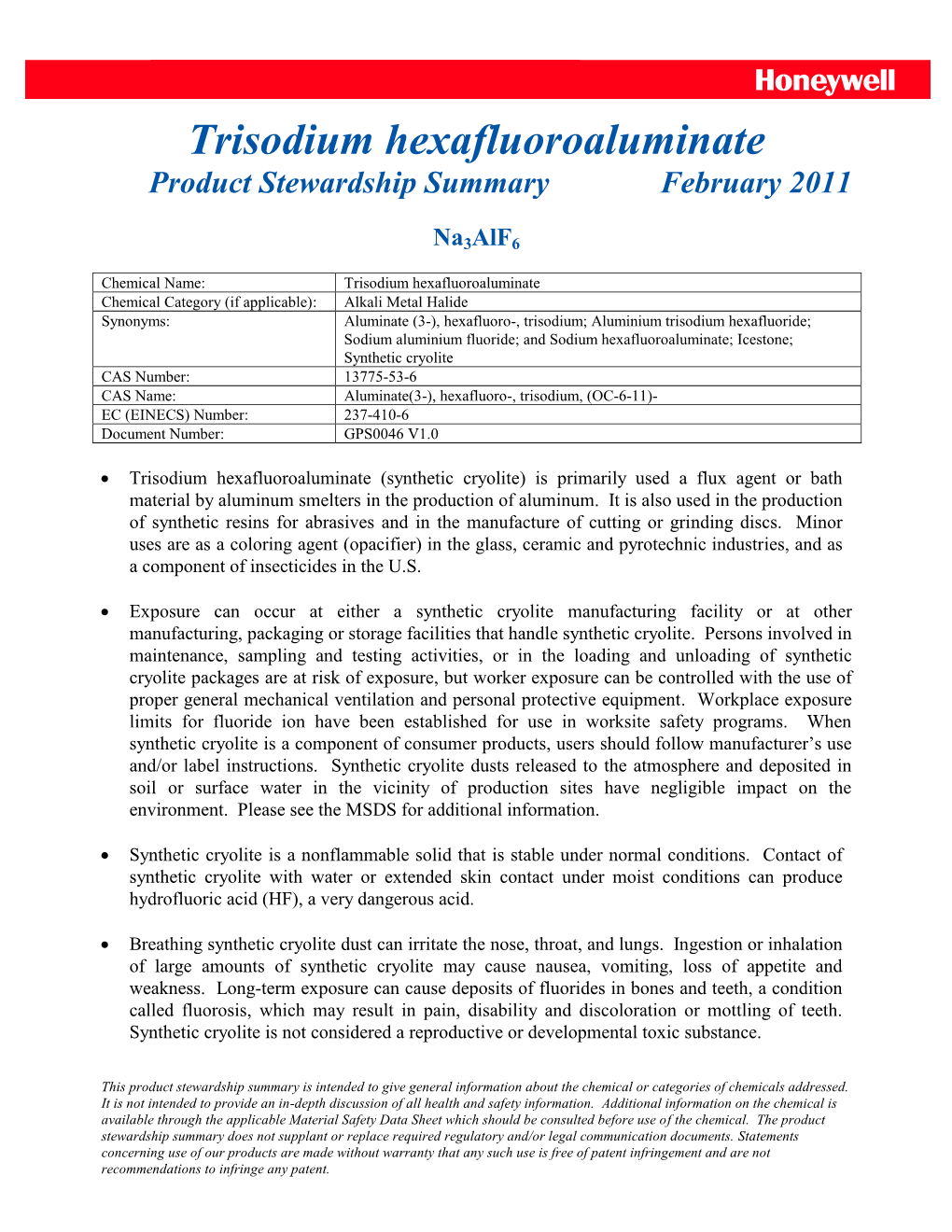 Trisodium Hexafluoroaluminate Product Stewardship Summary February 2011