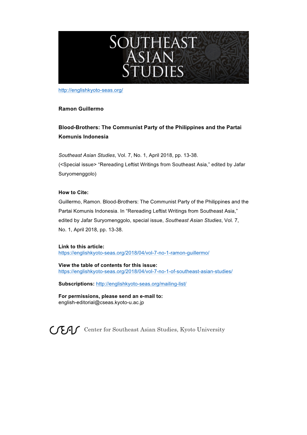 Center for Southeast Asian Studies, Kyoto University Southeast Asian Studies, Vol