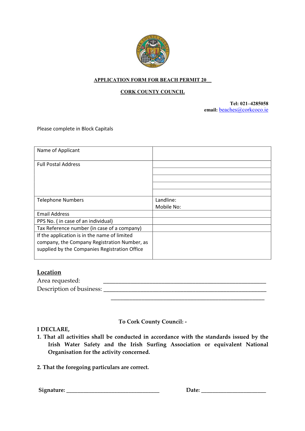 Cork Beach Permit Application Form.Pdf