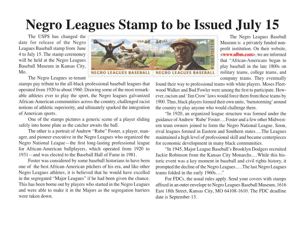 Negro Leagues Baseball Date for Release of the Negro Museum Is a Privately Funded Non- Leagues Baseball Stamp from June Profit Institution