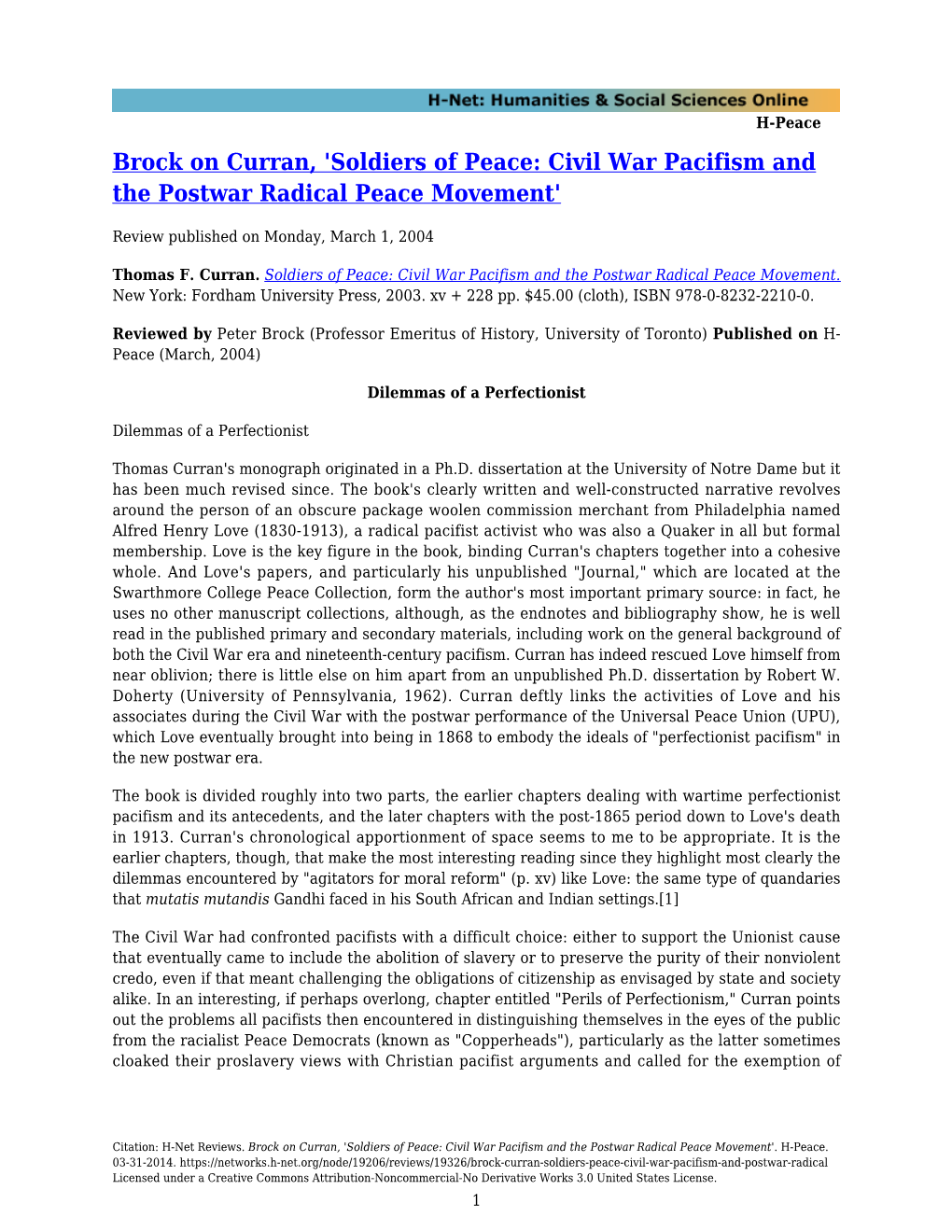 Brock on Curran, 'Soldiers of Peace: Civil War Pacifism and the Postwar Radical Peace Movement'