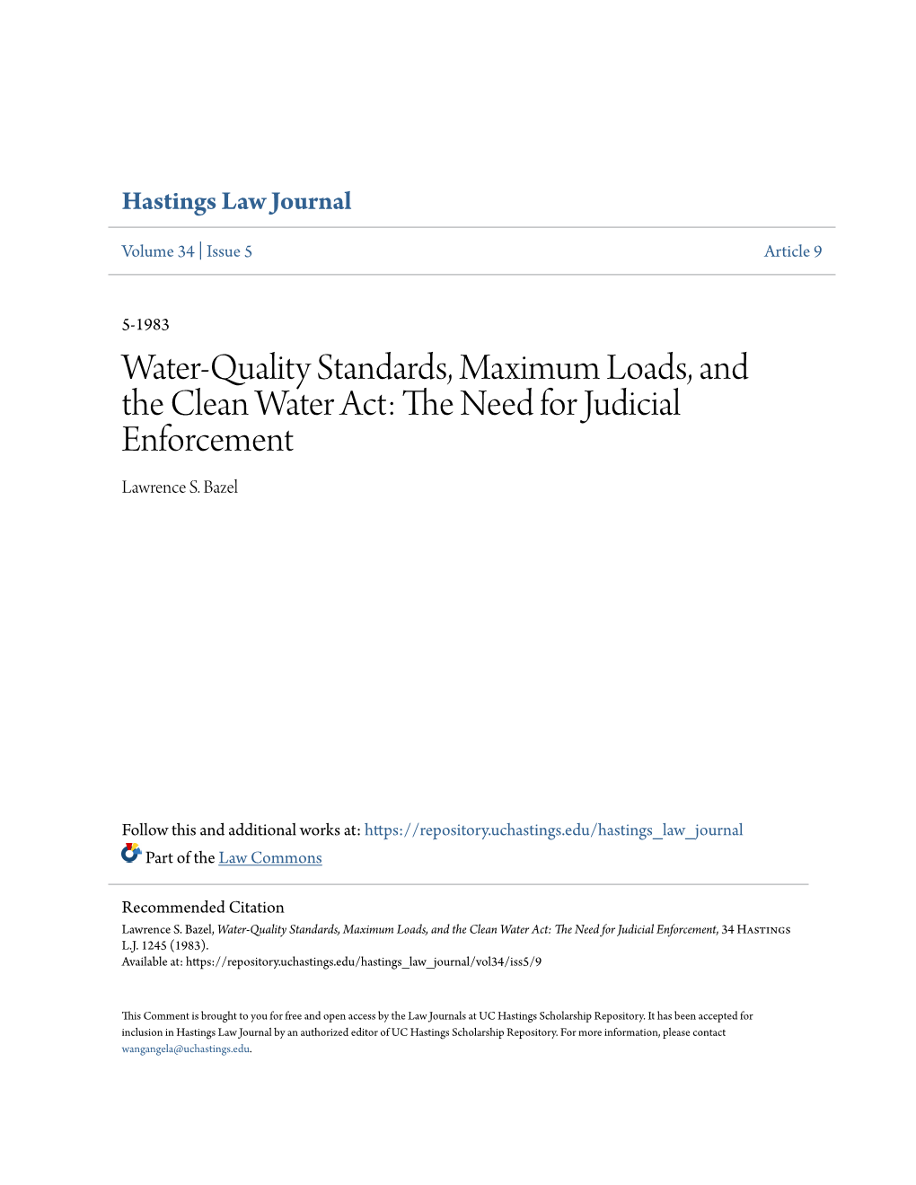 Water-Quality Standards, Maximum Loads, and the Clean Water Act: the Eedn for Judicial Enforcement Lawrence S