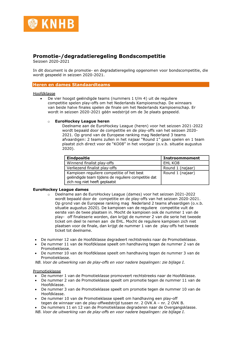 Promotie-/Degradatieregeling Bondscompetitie Seizoen 2020-2021