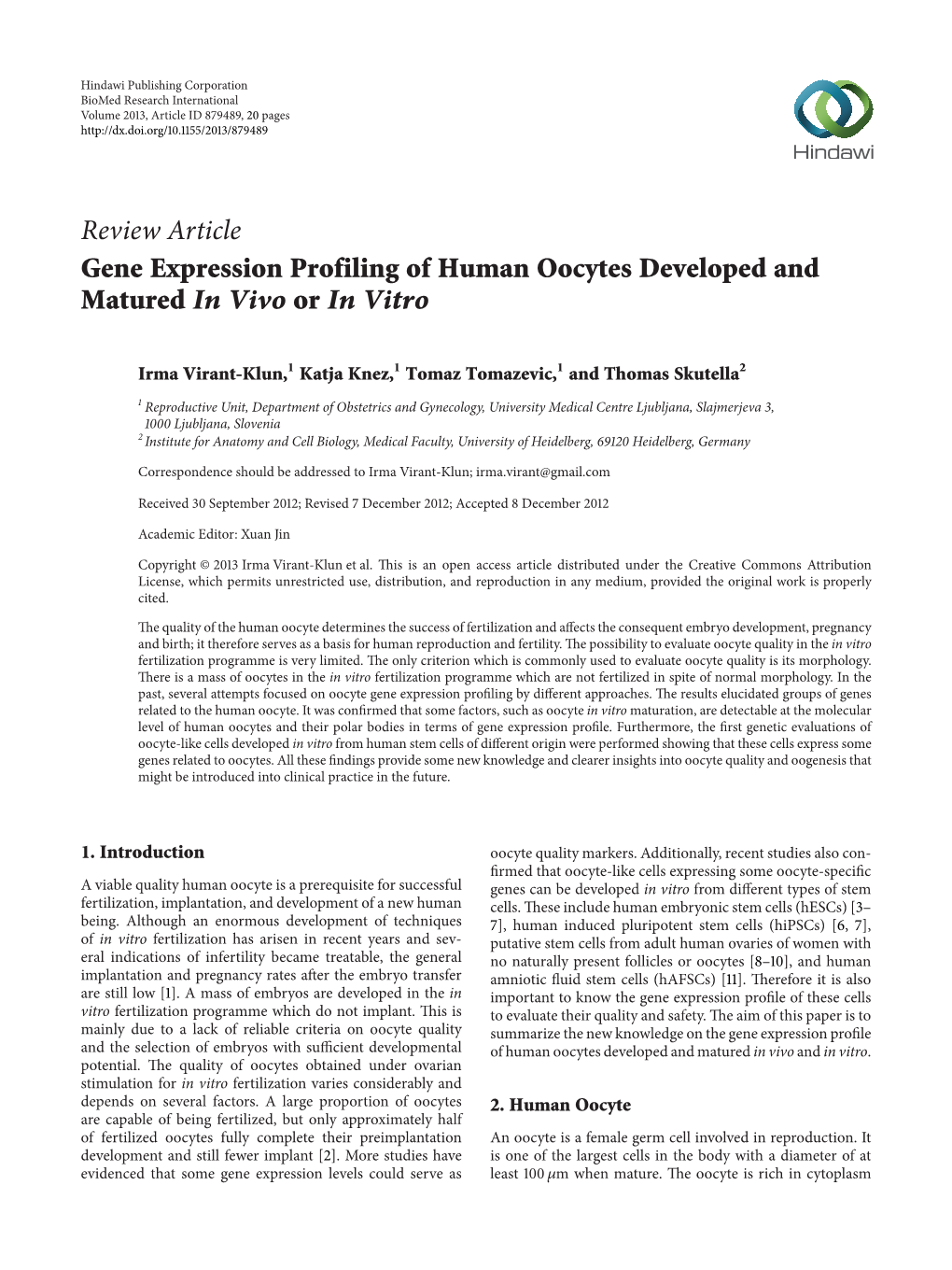 Gene Expression Profiling of Human Oocytes Developed and Matured in Vivo Or in Vitro