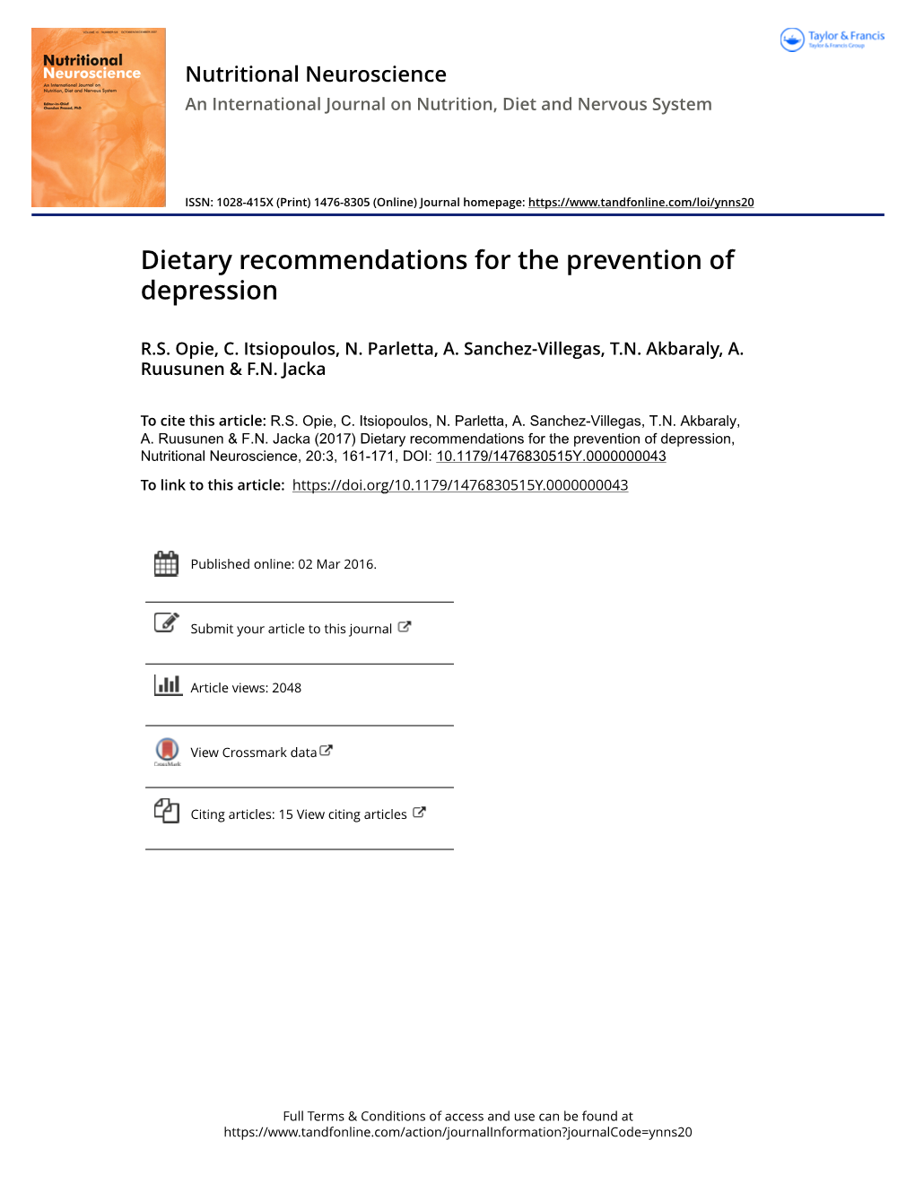 Dietary Recommendations for the Prevention of Depression