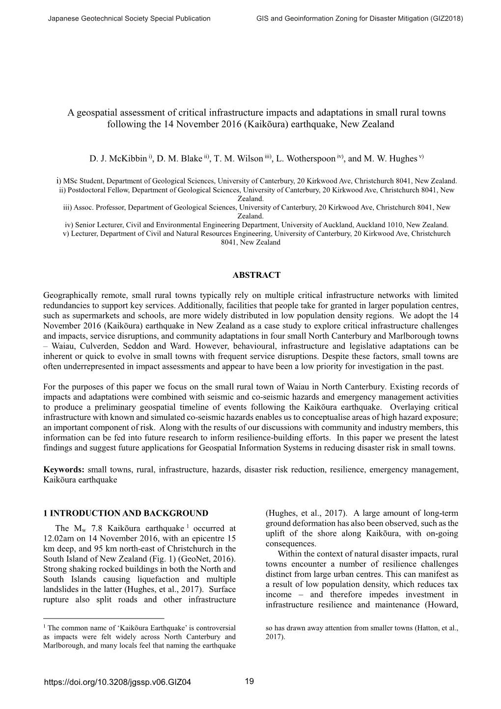 A Geospatial Assessment of Critical Infrastructure Impacts and Adaptations in Small Rural Towns Following the 14 November 2016 (Kaikōura) Earthquake, New Zealand