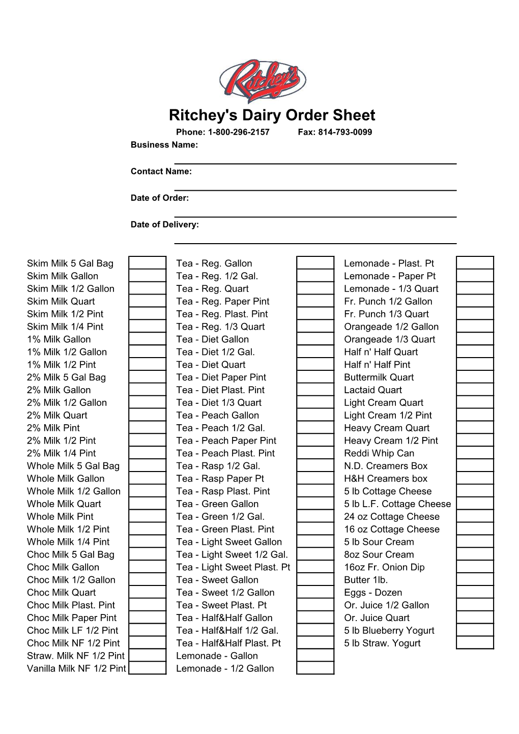 Product Order Sheet