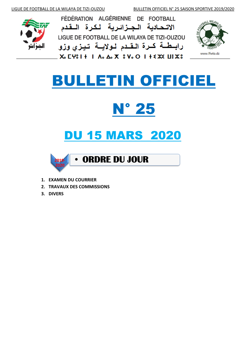 Bulletin Officiel N° 25 Saison Sportive 2019/2020