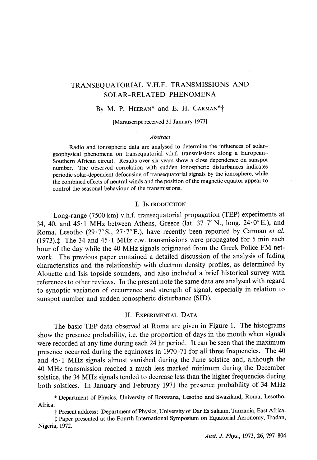 TRANSEQUATORIAL V.H.F. TRANSMISSIONS and SOLAR-RELATED PHENOMENA by M