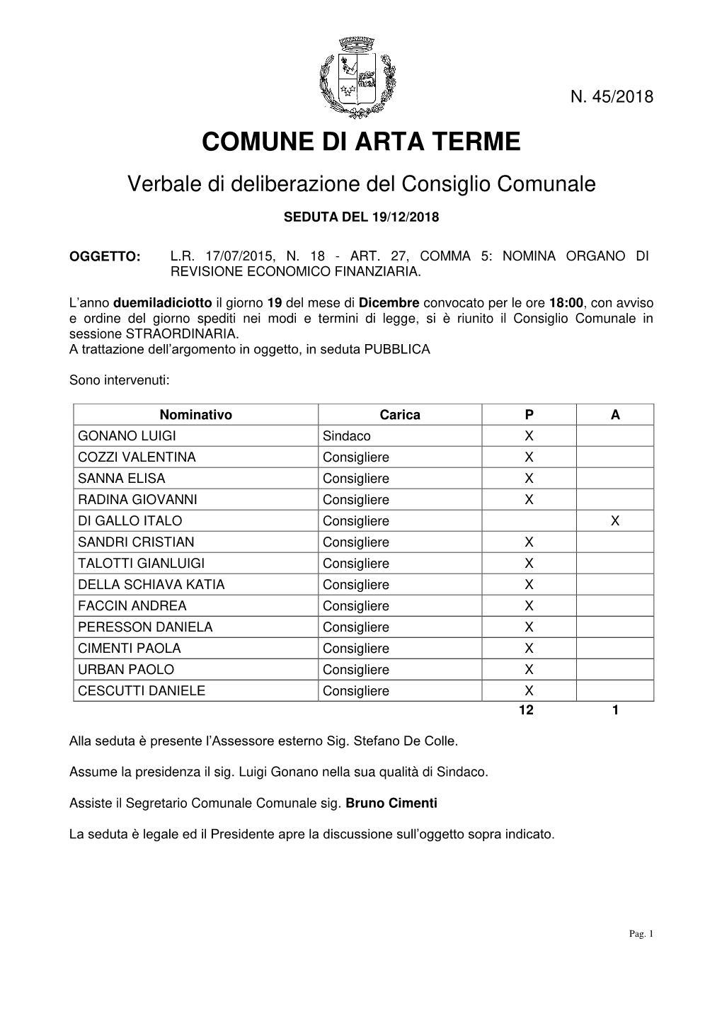 COMUNE DI ARTA TERME Verbale Di Deliberazione Del Consiglio Comunale