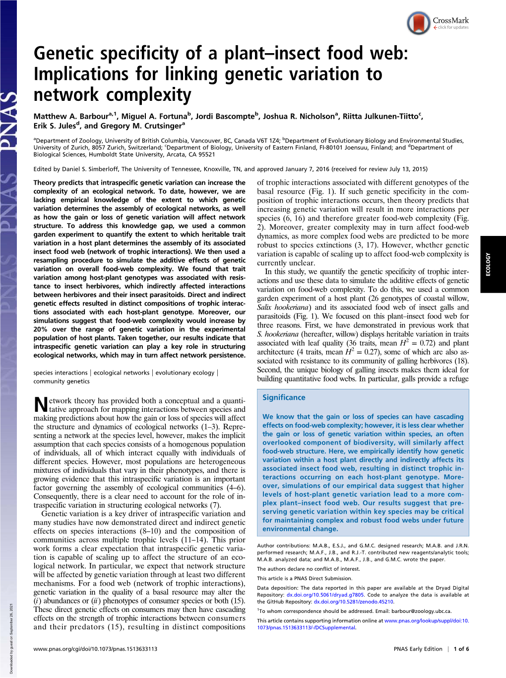 Genetic Specificity of a Plant–Insect Food Web: Implications for Linking Genetic Variation to Network Complexity