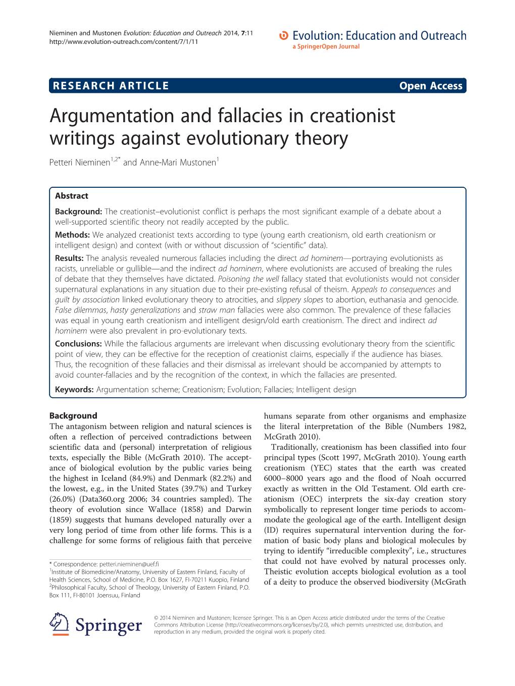 Argumentation and Fallacies in Creationist Writings Against Evolutionary Theory Petteri Nieminen1,2* and Anne-Mari Mustonen1