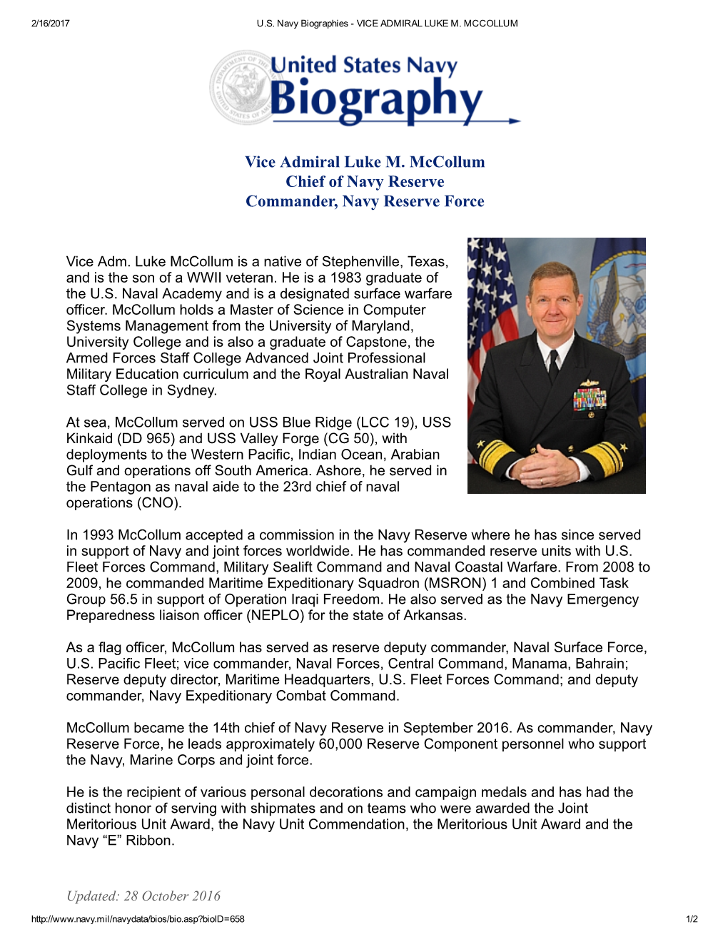 Vice Admiral Luke M. Mccollum Chief of Navy Reserve Commander, Navy Reserve Force