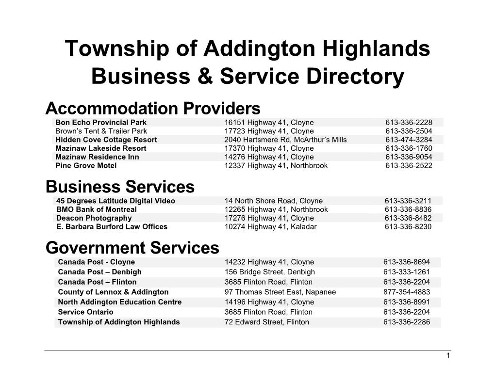 Township of Addington Highlands Business & Service Directory