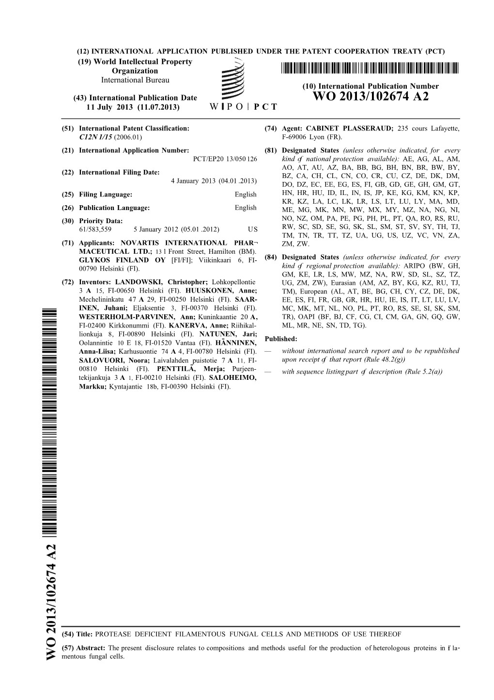 WO 2013/102674 A2 11 July 2013 (11.07.2013) W P O P C T