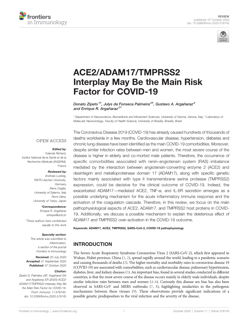 ACE2/ADAM17/TMPRSS2 Interplay May Be the Main Risk Factor for COVID-19