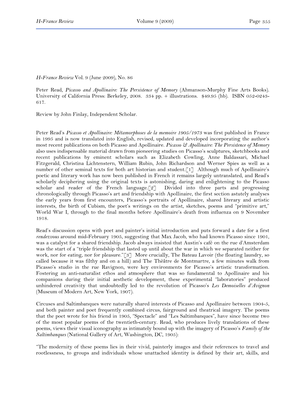 Page 355 H-France Review Vol. 9 (June 2009), No. 86 Peter Read, Picasso and Apollinaire