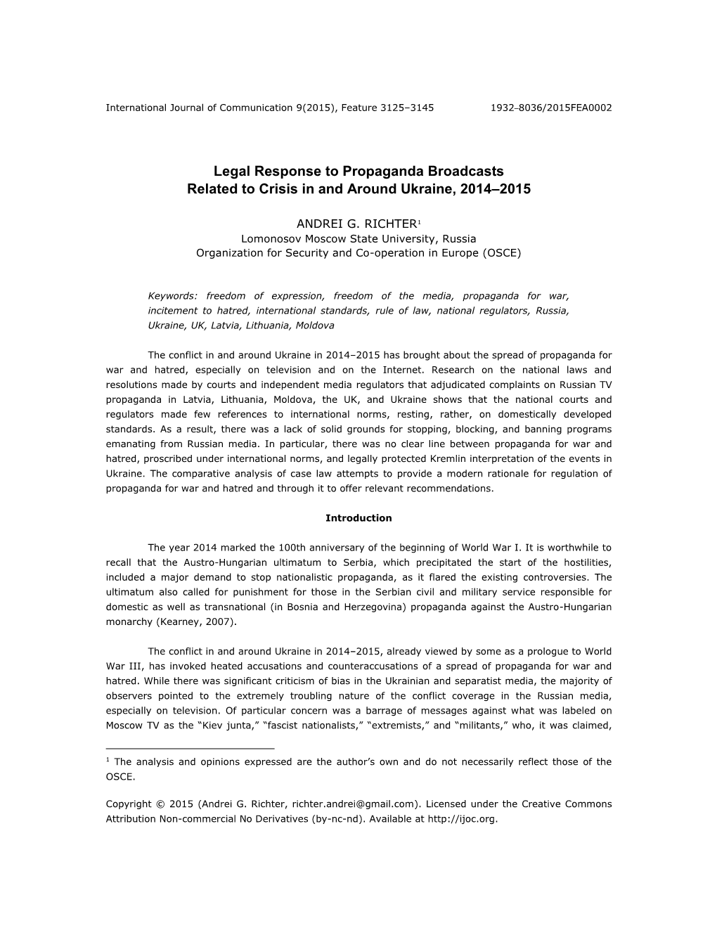 Legal Response to Propaganda Broadcasts Related to Crisis in and Around Ukraine, 2014–2015