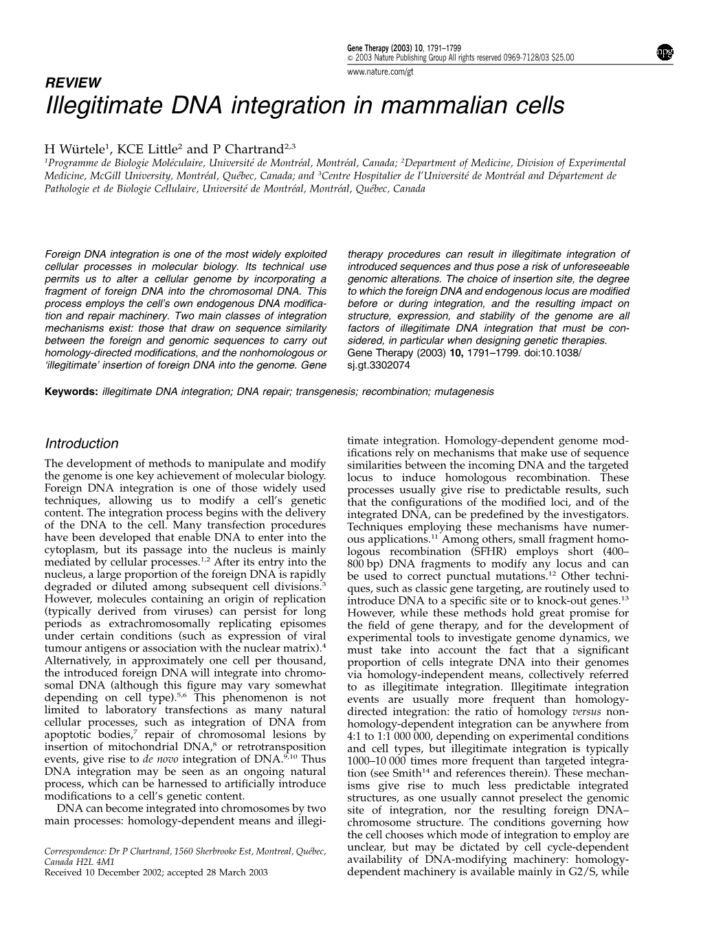 Illegitimate DNA Integration in Mammalian Cells