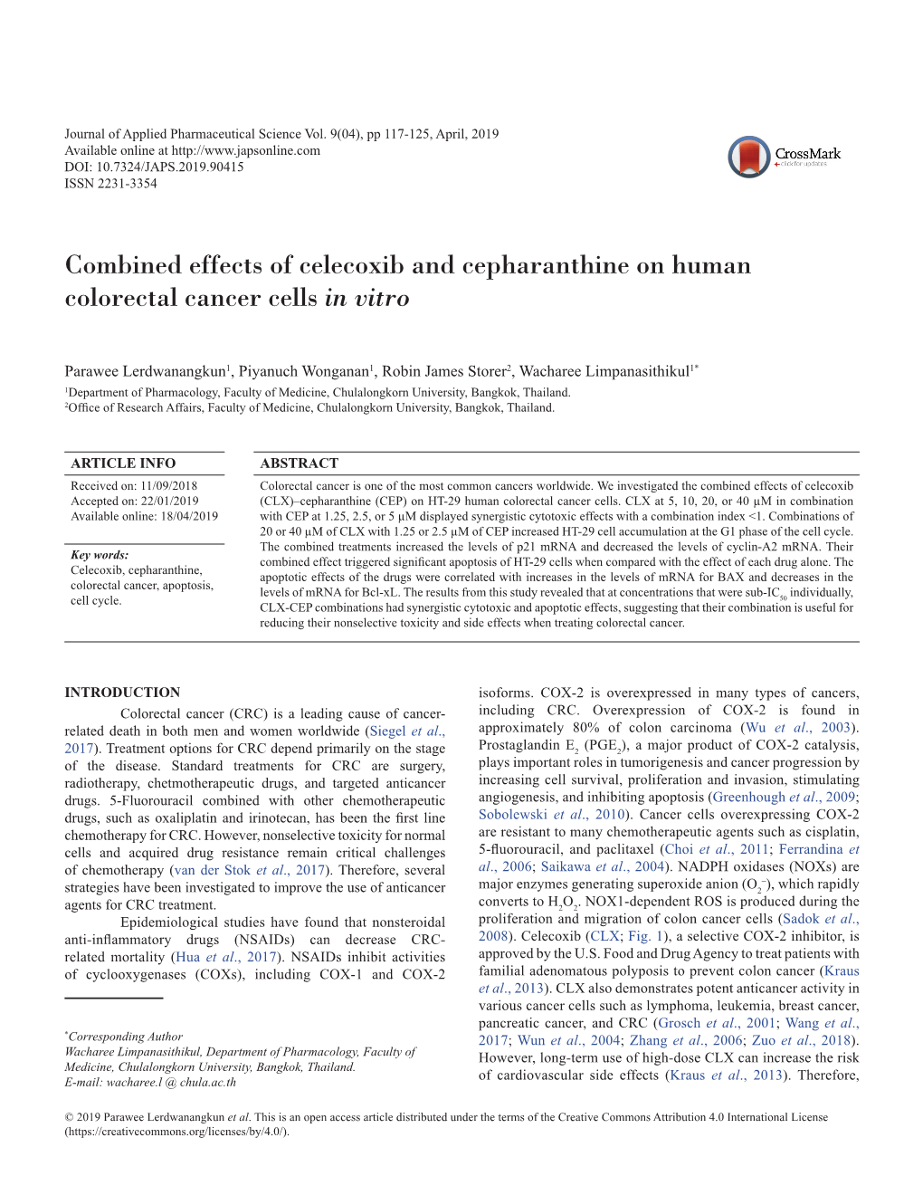 Combined Effects of Celecoxib and Cepharanthine on Human Colorectal Cancer Cells in Vitro