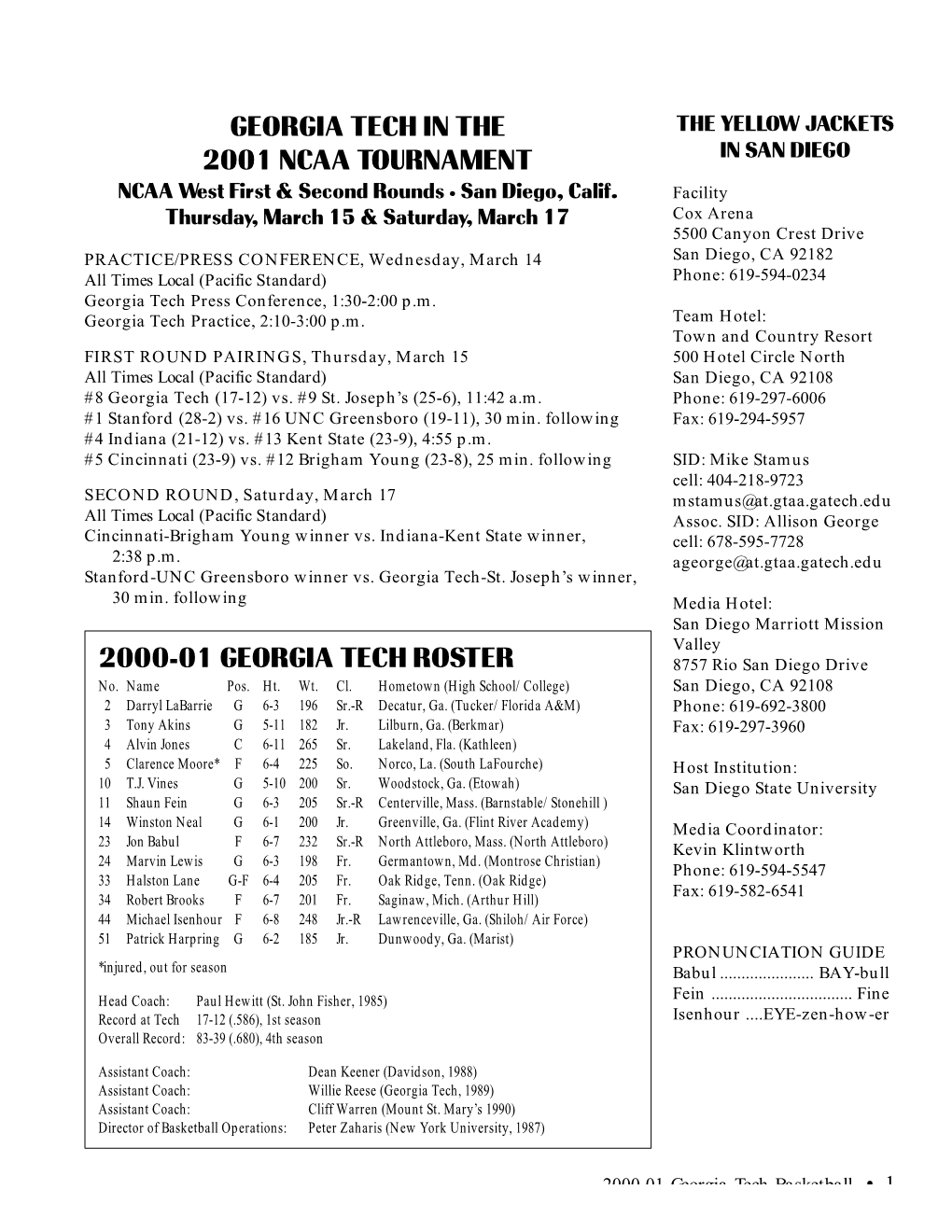 Georgia Tech in the 2001 Ncaa Tournament 2000-01 Georgia