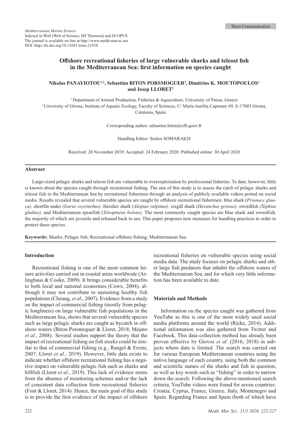 Offshore Recreational Fisheries of Large Vulnerable Sharks and Teleost Fish in the Mediterranean Sea: First Information on Species Caught