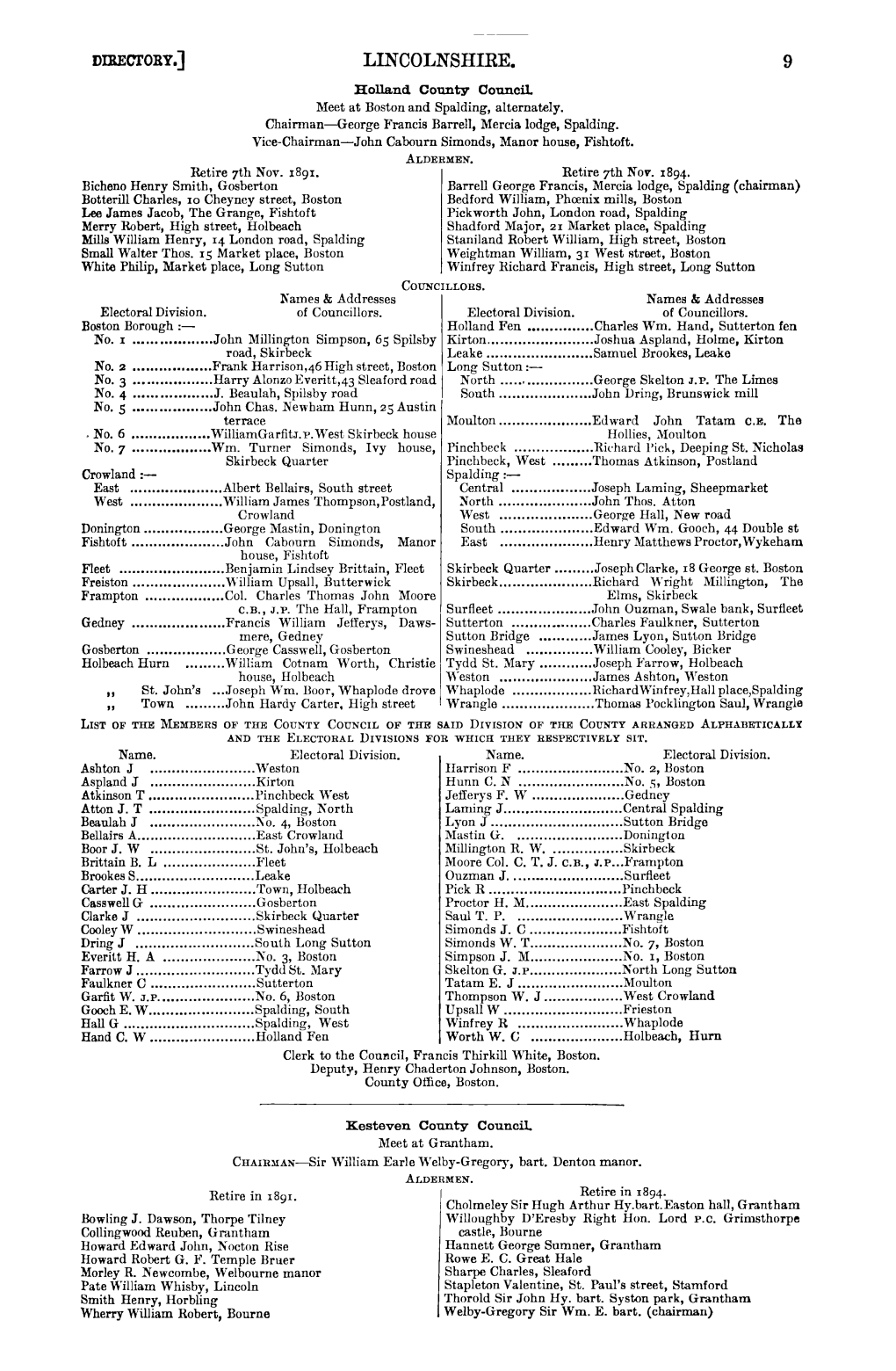 LINCOLNSHIRE. 9 Holland County Council Meet at Boston and Spalding, Alternately