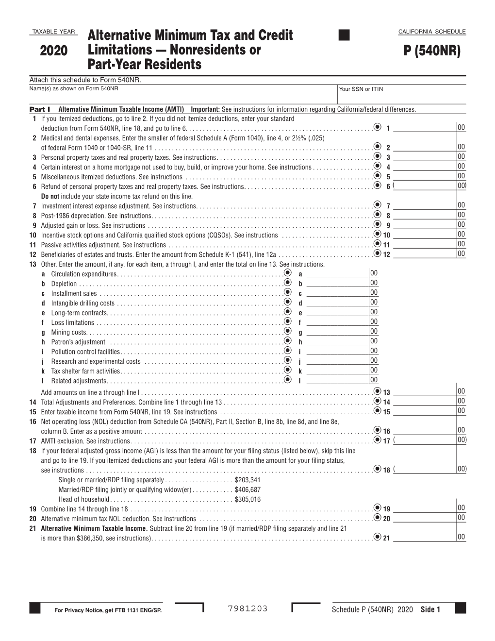 2020 Schedule P(540NR) Alternative Minimum Tax and Credit Limitations