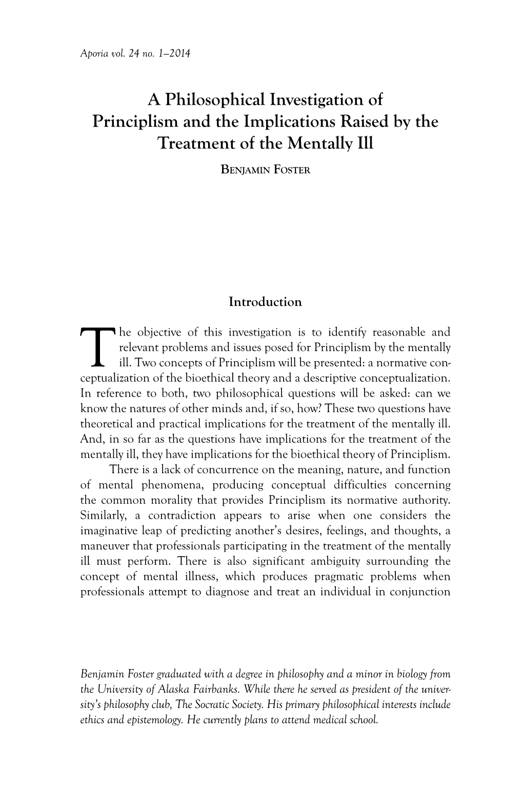 A Philosophical Investigation of Principlism and the Implications Raised by the Treatment of the Mentally Ill