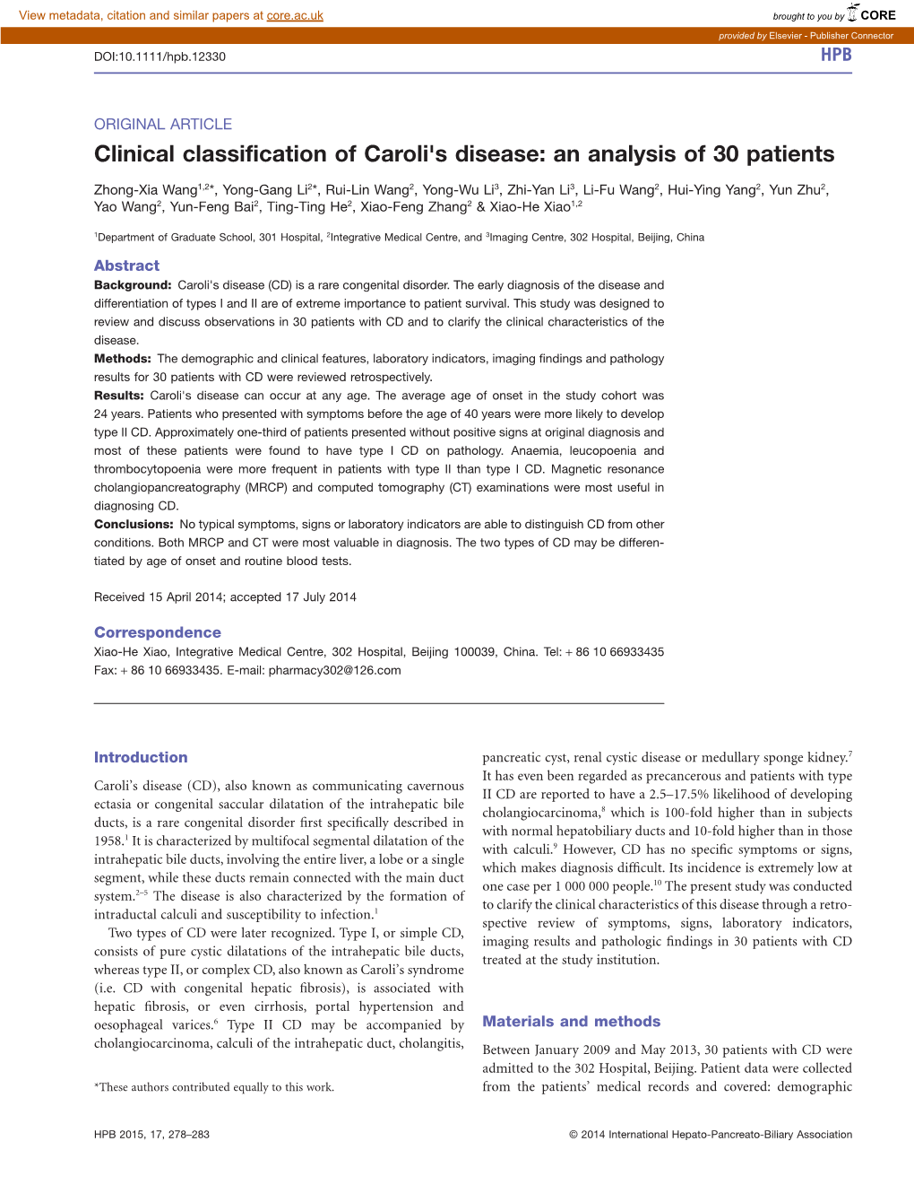 Clinical Classification of Caroli's Disease: an Analysis of 30 Patients