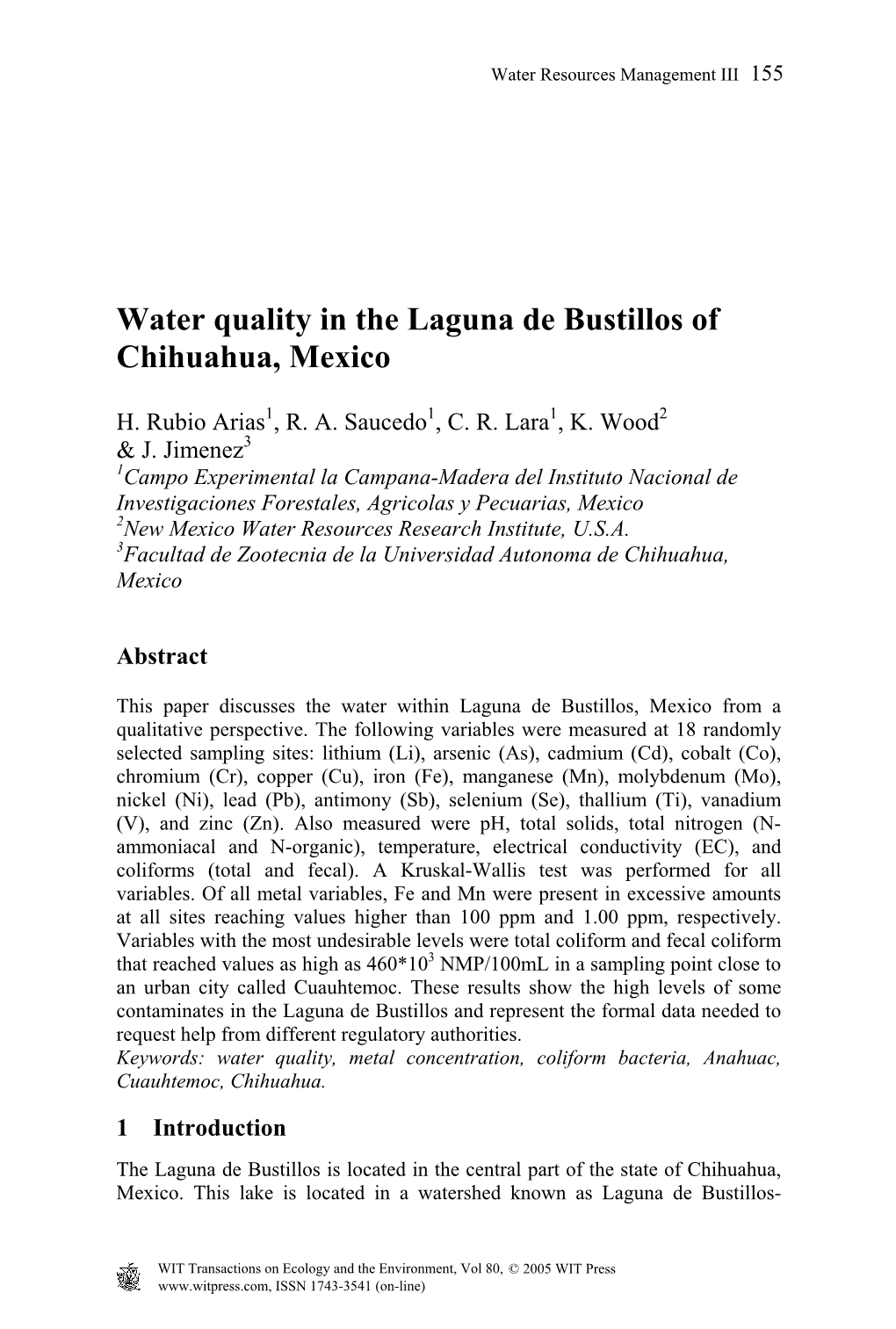 Water Quality in the Laguna De Bustillos of Chihuahua, Mexico